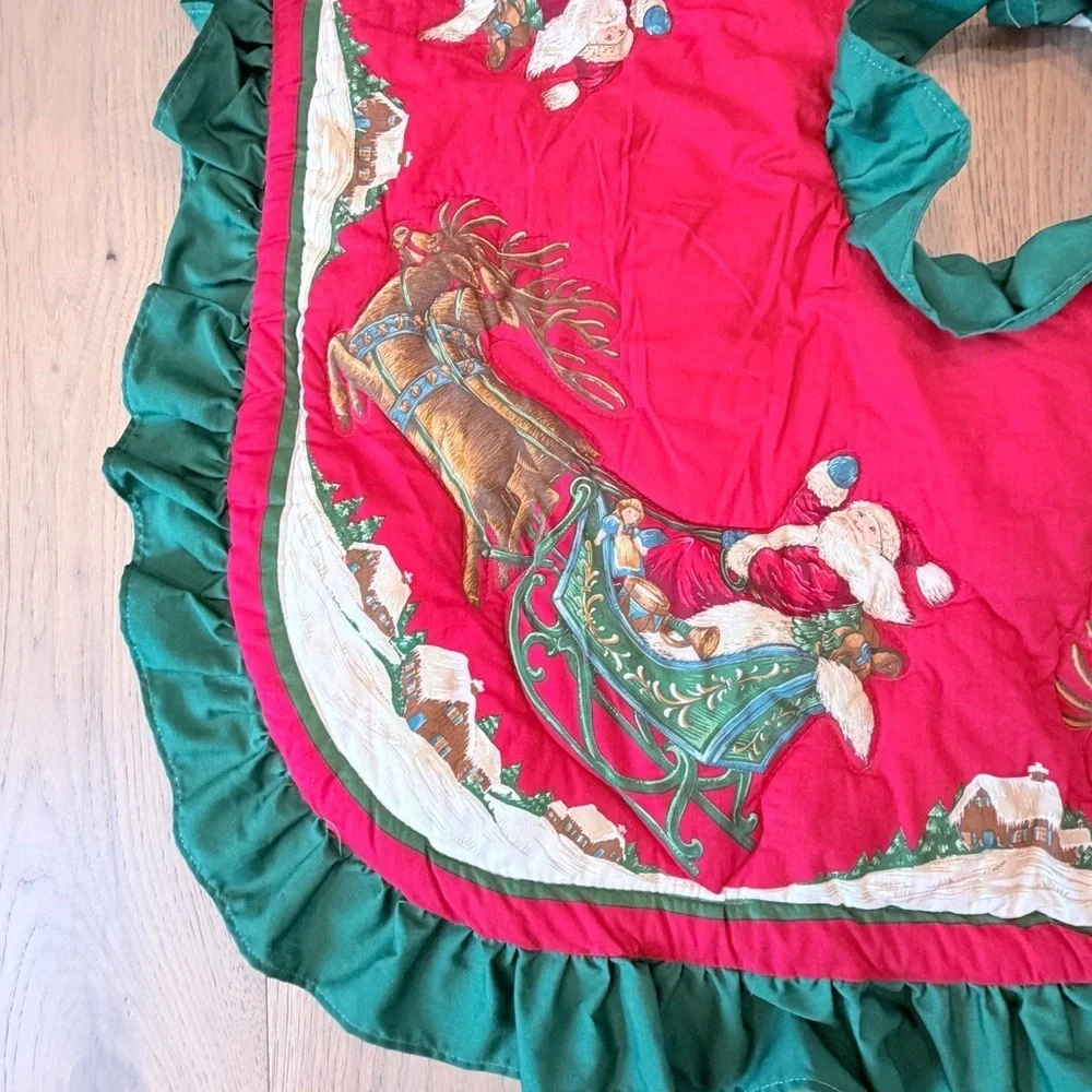 Vintage Christmas Tree Skirt Square 36x34 Santa & Reindeer Ruffles Red Green